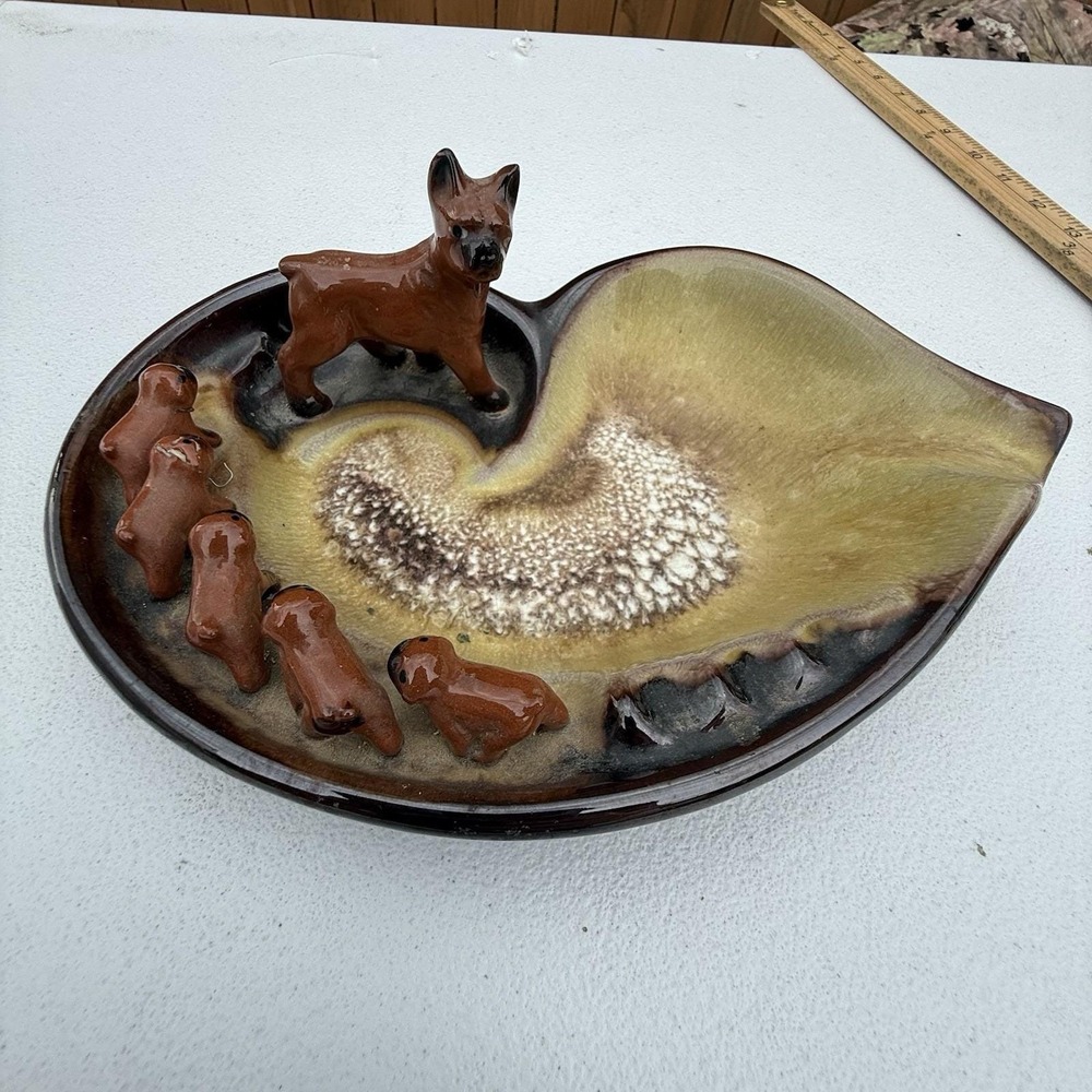 Vintage Brinn's Ashtray Trinket Pipe Japan Dog Puppies Boxer Ceramic MCM‎
